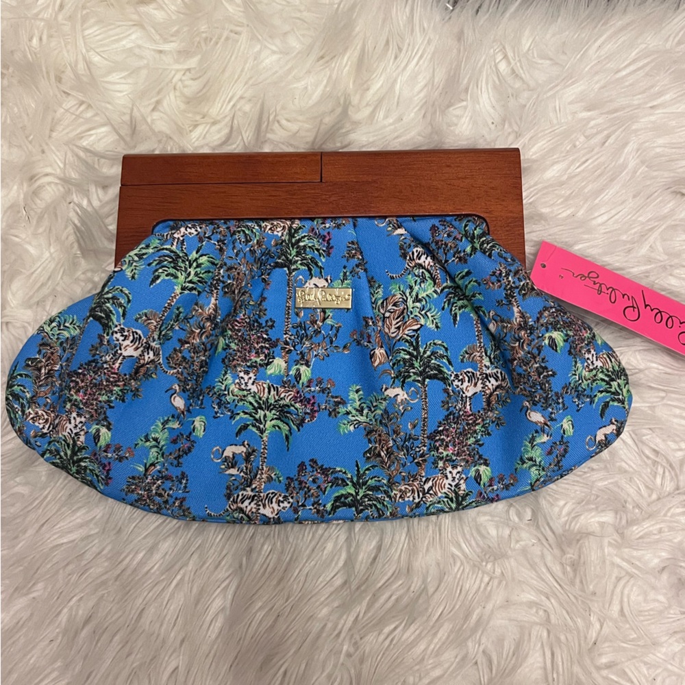 Lilly Pulitzer Blue Tropical Tiger Print Wooden Frame Clutch